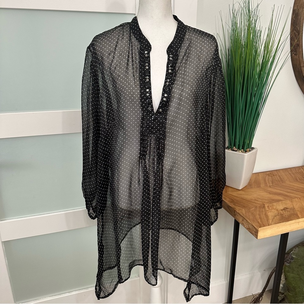 Lapogee Sheer Polka Dot V-Neck Blouse SZ 3X Black White Embellished Neckline NWT
